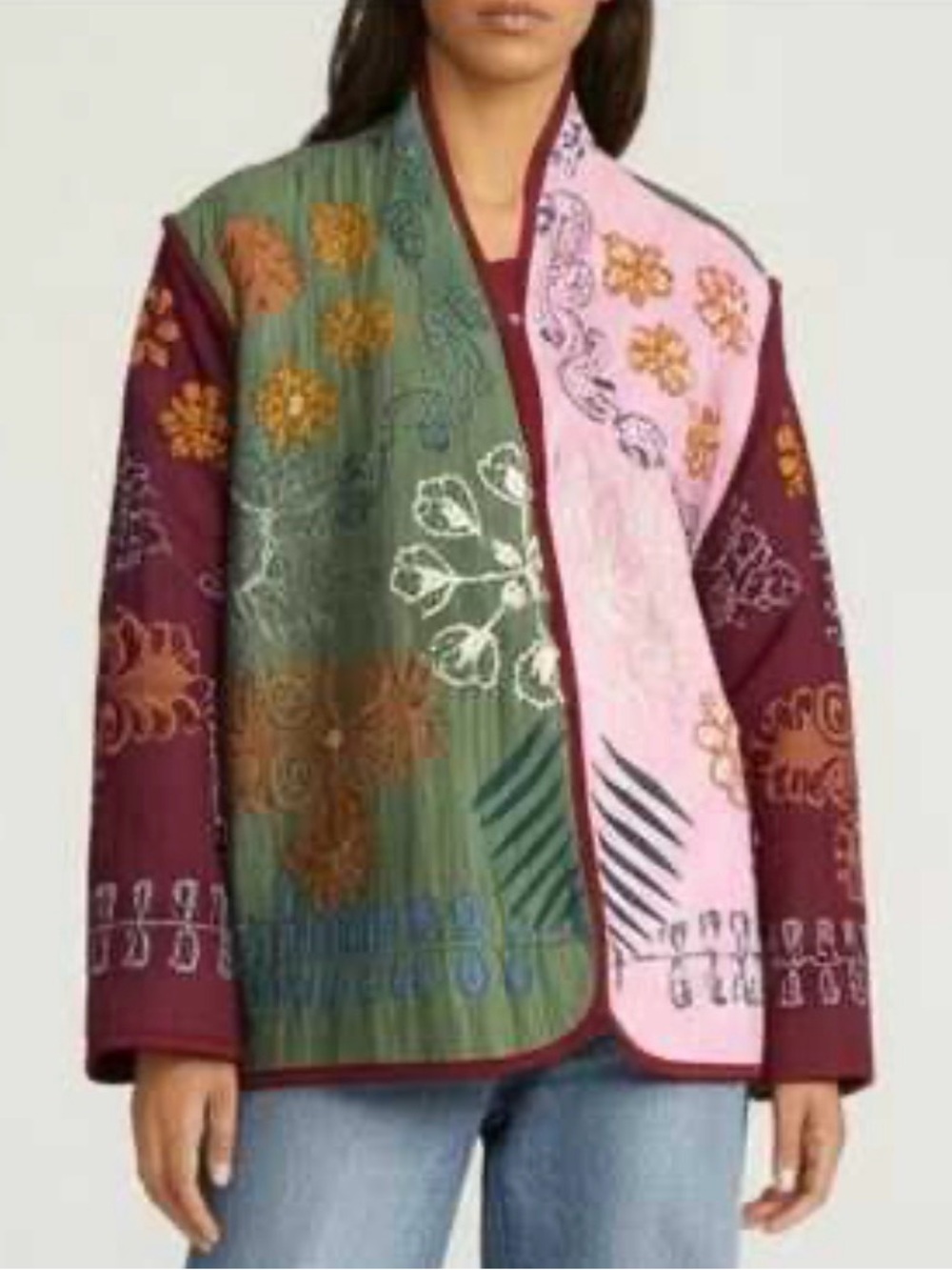 Zara Quilted Patchwork Floral Jacket - Burgundy, Green, Pink